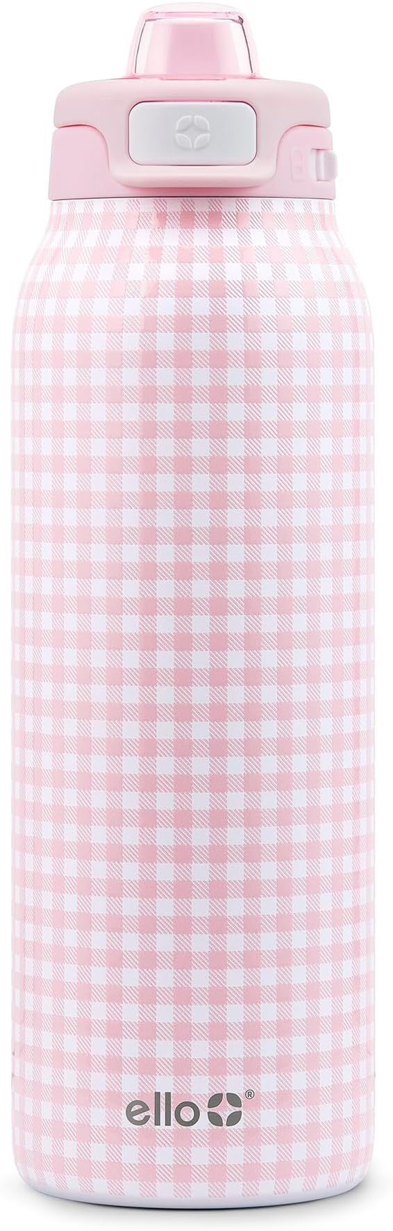 Ello Pop & Fill 32oz Stainless Steel Water Bottle with QuickFill Technology, Double Walled and Vacuum Insulated Metal, Leak Proof Locking Lid, Straw and Chug, Reusable, BPA Free, Pink Gingham
