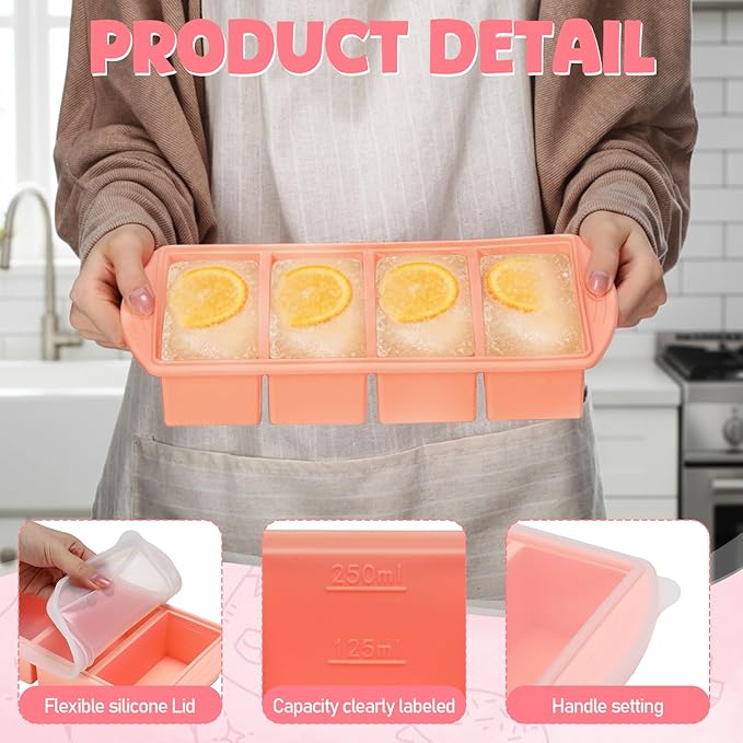 4 Pack Silicone Freezer Trays with Lid, 1/5, 1/2, 1, and 2 Cup Soup Freezer Molds Set Stainless Steel Frame Ice Cube Tray for Meal Prep Freezing Soup Stews Sauces Oven Microwave Safe(Pink)