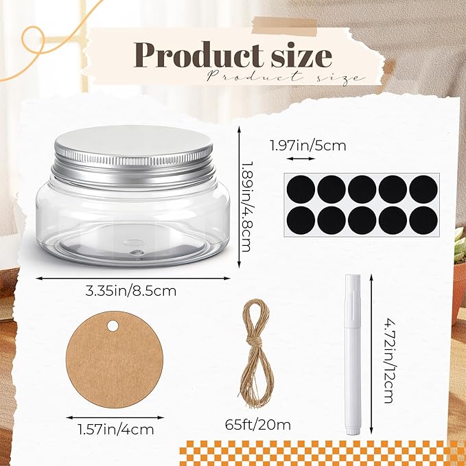 50 Set Mason Jars with Lids, 5 oz Mini Jam Wide Mouth Jars with Labels Stickers and String, Small Plastic Bottles for Canning Jelly Spice Herbs Honey Storage Wedding Party Favors