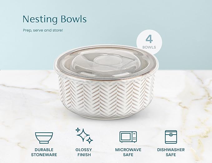 KooK Serving Bowls, with Lids, Ceramic Nesting Bowls, Set of 4, Embossed, Kitchen, Prep, Stackable, Gift, Microwave and Dishwasher Safe, 16/29/47/70 oz, Narbonne Collection (Ivory)