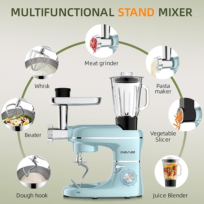 CHeflee Multifunctional Stand Mixer,660W, 6.5QT With Meat Grinder, Vegetable Slicer &1.5L Juice Blender,for Most Home Cooks,Blue