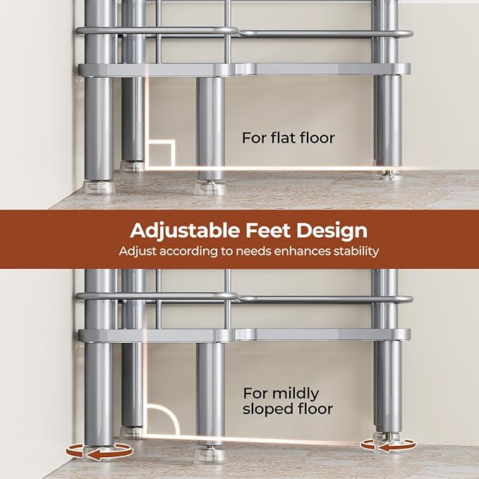 Orimade Rustproof 3 Tier Floor Standing Corner Shower Caddy Organizer with Toothbrush Holder, Large Spacing Floor Shower Shelf Rack Storage Stands with Hooks for Bathroom Kitchen, Silver