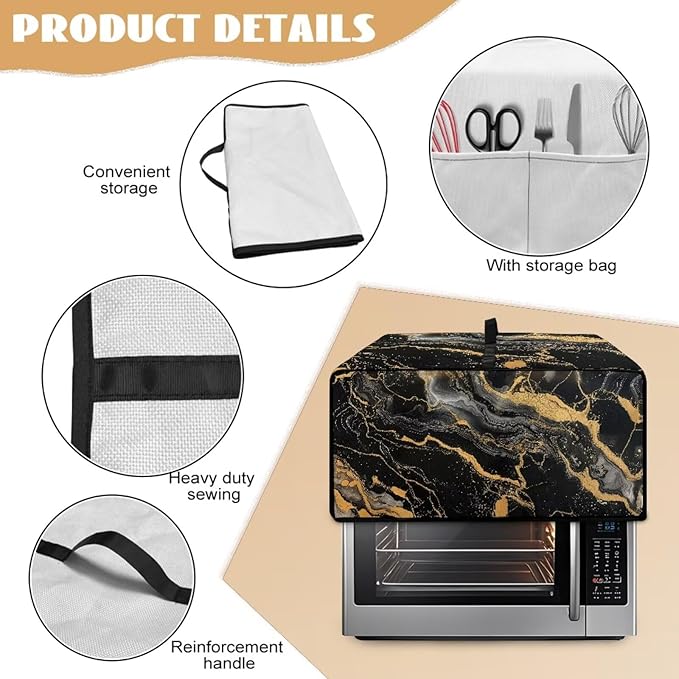 Air Fryer Toaster Oven Dust Cover Dustproof Modern Design Convection Oven Cover with Side Pockets for Small Kitchen Appliances, S, 14.5 x 18.5 x 9 Inches, Black Gold Marble