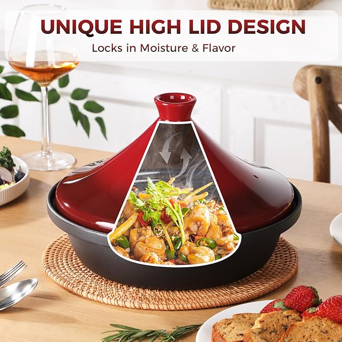 Moroccan Tagine for Cooking: Enameled Cast Iron Cooking Pot, Slow Cooker, Classic Kitchen Cookware, Tajine with Ceramic Cone-Shaped Closed Lid, 3.3 QT, Red
