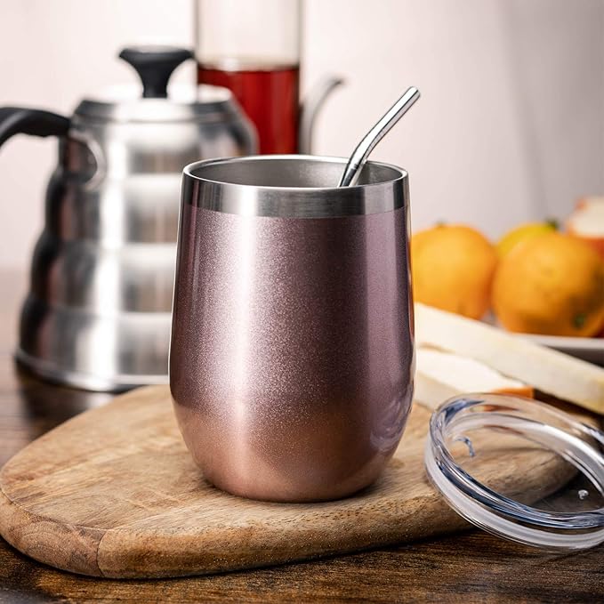 COMOOO Rose Gold Stainless Steel Wine Tumbler Bulk with Lid and Straw 12oz Double Wall Vacuum Insulated Travel Tumbler Cup for Coffee Wine Cocktails Ice Cream Cup Rose Gold, 12 pack