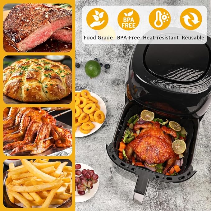 BYKITCHEN Large Air Fryer Silicone Liners Compatible with CHEFMAN 8QT/ 10 QT/ 12 QT & Other 8-12 Quart XL Airfryer, 2PCS 10 Inch Reusable Silicone Airfryer Oven Tray Insert, Air Fryer Accessories