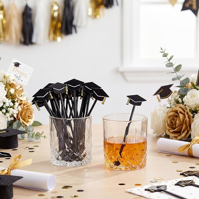 SiliFine 30 Pcs Graduation Cap Drink Stirrers Graduation Stir Sticks Coffee Stirrers Cocktail Mixers Plastic Swizzle Sticks Hot Cocoa Bar Supplies for Party Bar Coffee Tea Favors (Gold)