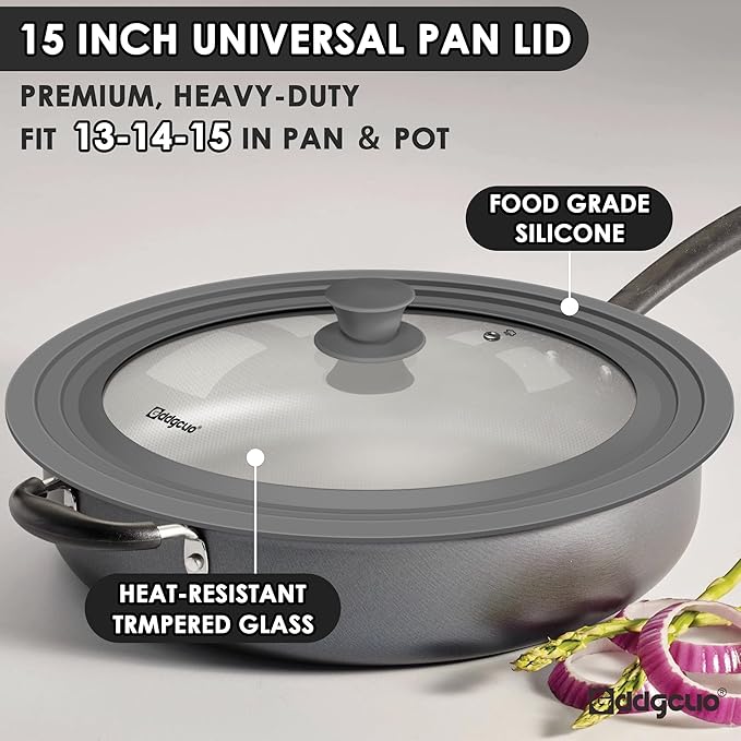 13-14-15 in Universal Pan Lid, Extra Large Silicone Pot Lid for Pots, Pans & Skillets, Replacement Frying Pan Lid with Heat Resistant Silicone Knob, Dishwasher Safe, Grey