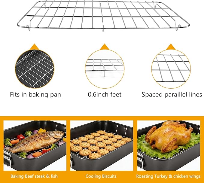 Roasting Pan with Rack, 15.75x11.02’’ Baking Pan for Oven with Rack & Silicon Hand Clip & Oilbrush, Heavy Duty Dishwasher Safe Rectangular Lasagna Pan with Handle for Turkey, Dark Grey