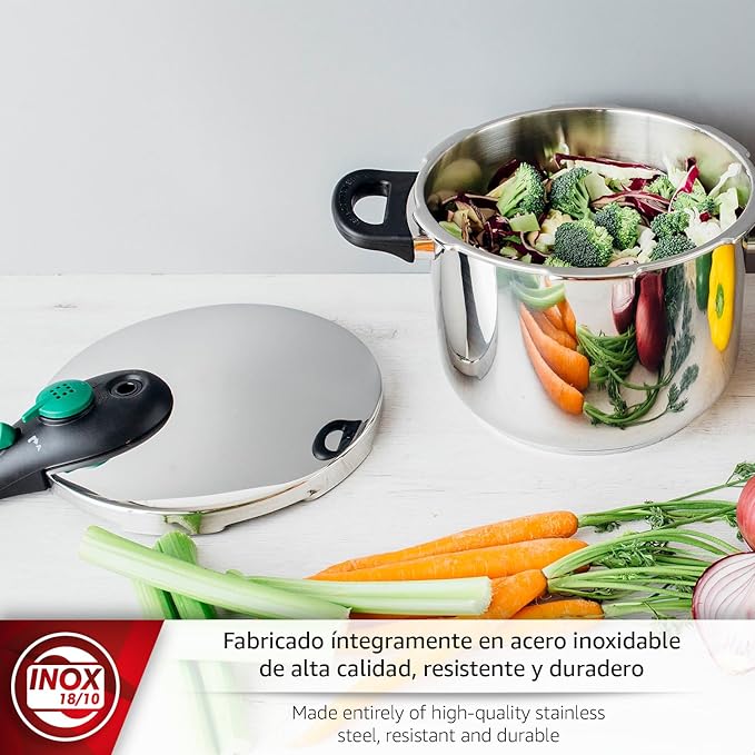 Magefesa Dynamic 6-Quart Stainless Steel Pressure Cooker + Steaming Basket, 18/10 Stainless Steel, Energy Efficient, Compatible with All Stovetops Including Induction
