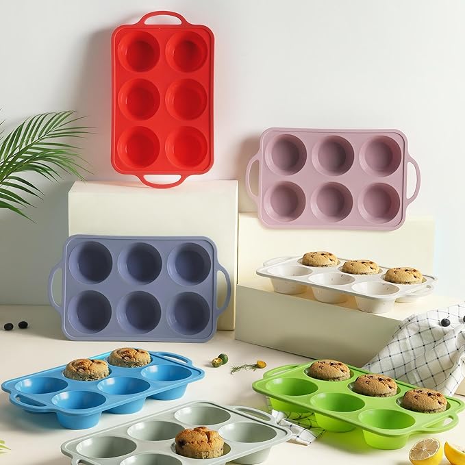Socisen 2 Packs 6 Cups Silicone Muffin Pan with Metal Reinforced Frame Jumbo Size Cupcake Pan Tray Egg Bites Cookie Molds Muffin Tin Tart Pans Moldes De Silicona Para Gelatina Hornear Flan Chocoflan