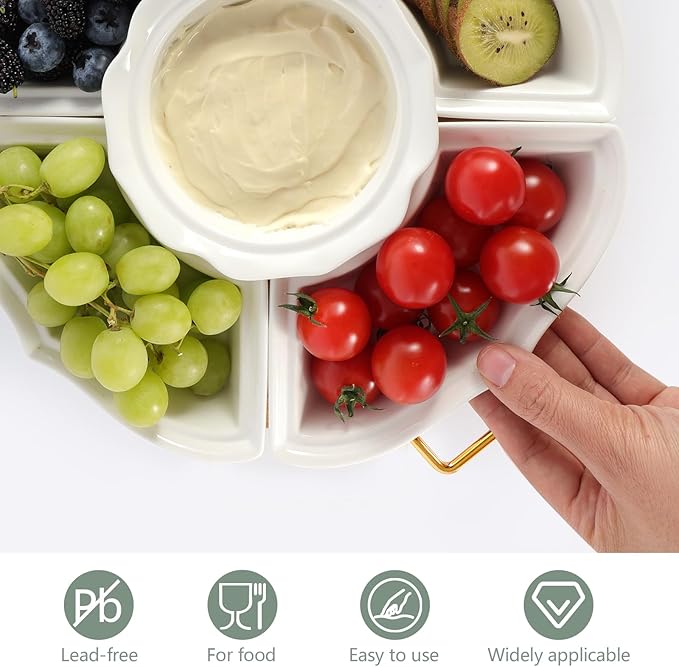 PLAPITATE Party Serving Trays and Platters, Ceramic Lazy Susan Serving Tray with Divided Sections Appetizer Rotating Serving Tray for Fruits, Veggies, Chips and Dip Serving Set