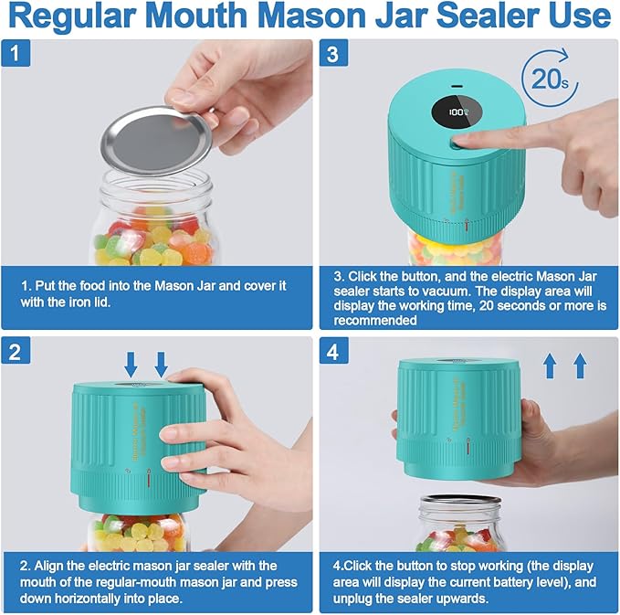 LOVE MOMENT Electric Mason Jar Vacuum Sealer Kit for Wide Mouth and Regular Mouth Mason Jar - Green