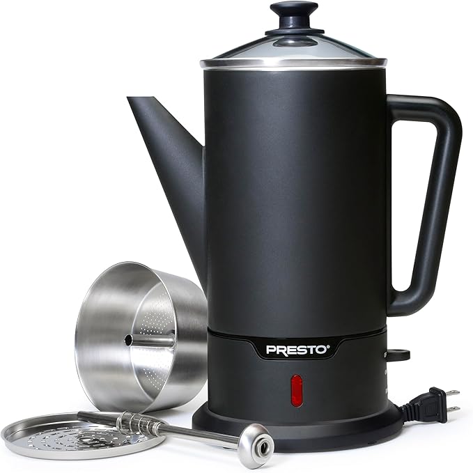 Presto 02815 12-Cup Cordless Coffee Percolator - Stainless Steel, Modern Design, Easy Pour Spout, Stay-Cool Handle, Matte-Black