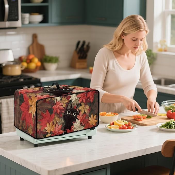 Air Fryer Toaster Oven Dust Cover Dust Protection Countertop Convection Oven Cover Stain-resistant Kitchen Appliance Protector, S, Black Cat Maple Leaf Fall Decor