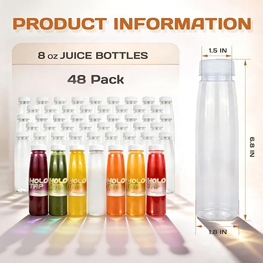 Holotap 48 Pcs 8 OZ Plastic Bottles with Caps, Empty PET Disposable Juice Bottles Bulk for Liquids with White Tamper Evident Lids (8 OZ, White)