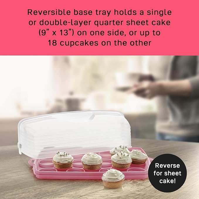 Tupperware, Rectangular Cake and Cupcake Carrier in Pink, Holds 18 Cupcakes