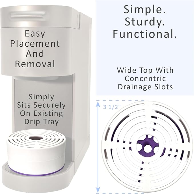 Elevate Anti-Splash Cup Riser Accessory for most Keurig K-cup, Cuisinart Single Serve, and other Coffee Makers, Adjustable for Cup Size and Drip Tray Type (White with Lilac Base)