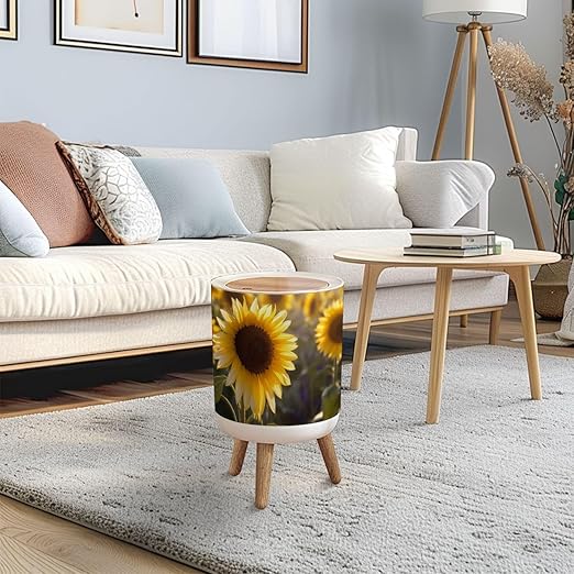 Trash Can with Lid Yellow Sunflower Sunset Light Close up Sunflower Close up Press Top Round Small Garbage Bin with Wooden Legs Waste Basket for Kitchen Bedroom Nursery 7L/1.8 Gallon