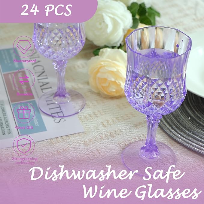 Plastic Wine Glasses, Plastic Goblets Vintage Style Cordial Unbreakable Drinking Glasses, Reusable Drinkware for Wedding Reception, Grand Event Party Supplies (24, Purple)