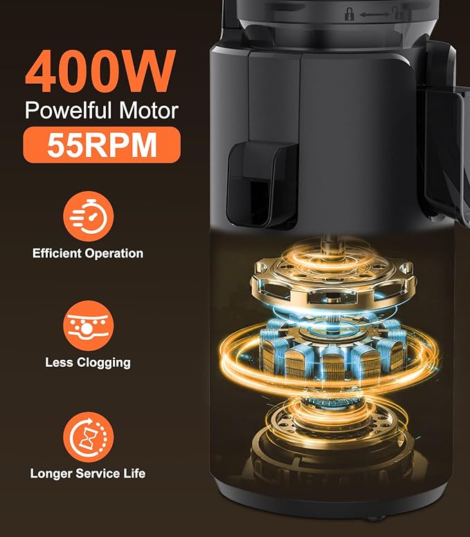 Juicer Machines, 5.3" Large Feed Chute Cold Press Juicer with Double Press Technology, 400W Motor, High Juice Yield, Easy to Clean, Masticating Juicer for Whole Vegetables & Fruits, Black