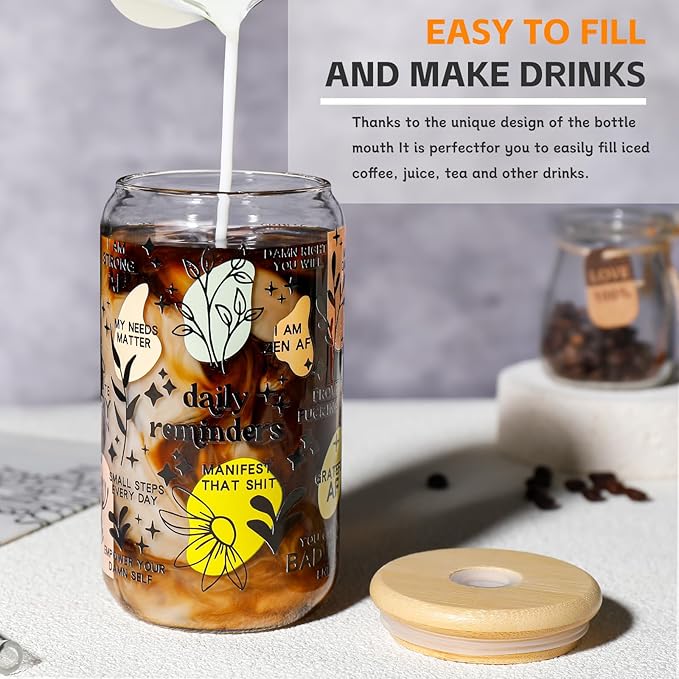 DWTS DANWEITESI Glass Cups with Lids and Straws with Design 4 pcs（Daily Reminder）,Clear Glass Cups 16 oz-Glass Tumbler,Cute Design Glass Iced Coffee Cups Mental Health Positive