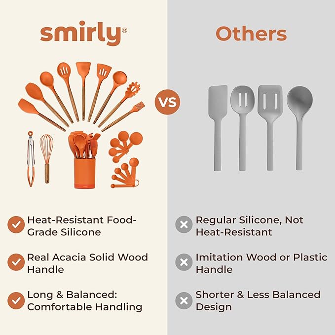 Silicone Kitchen Utensils Set & Holder: Cooking Utensils Set - Kitchen Essentials for New Home & 1st Apartment- Silicone Spatula Set, Cooking Spoons for Nonstick Cookware (Acacia Wood, Oange)