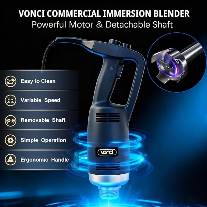 VONCI 500W Commercial Immersion Blender, 12" SUS 304 Removable Shaft, Heavy Duty Power Hand Mixer with Variable Speed 6000-20000RPM, Professional Electric Stick Blender for Restaurant Kitchen Use.