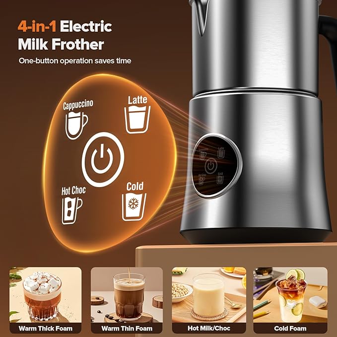 Milk Frother and Steamer, Electric Frother with Detachable Stainless Steel Jug, Hot & Cold Foam Maker for Latte, Cappuccino, Coffee, 4-in-1 Automatic Milk Warmer, 17oz Heat
