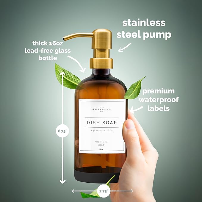 Vine Creations Amber Glass Soap Dispenser, 2 Pack Kitchen Soap Dispenser Set with Stainless Steel Pump, 16 oz Dish Soap and Hand Soap Dispensers for Bathroom with Waterproof Labels