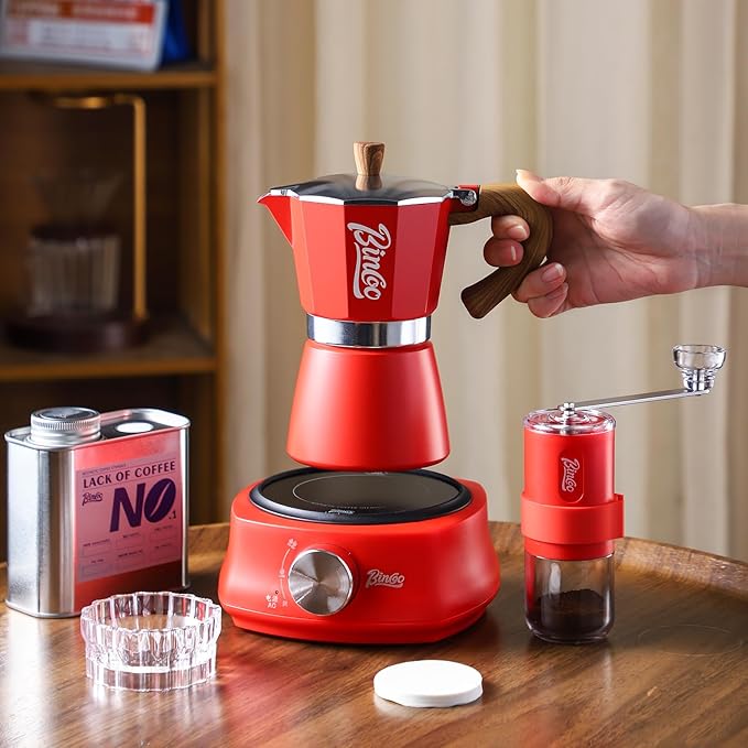 Bincoo Classic Italian Coffee Maker, Moka Pot 6 Cups, Espresso Maker Stovetop Espresso Moka Pot,Single Safety Valve (Red)