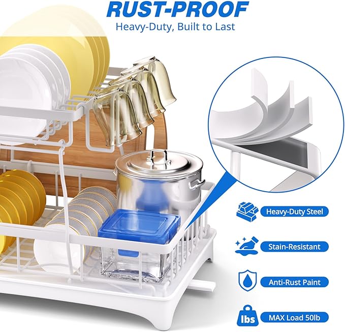 Godboat Dish Drying Rack, 2-Tier Dish Rack with Auto-Drain & Mat, Dish Racks for Kitchen Counter, Dish Drainer with Knife, Fork & Cup Rack, Gifts for Women, Mothers Day, Kitchen Gadgets, White