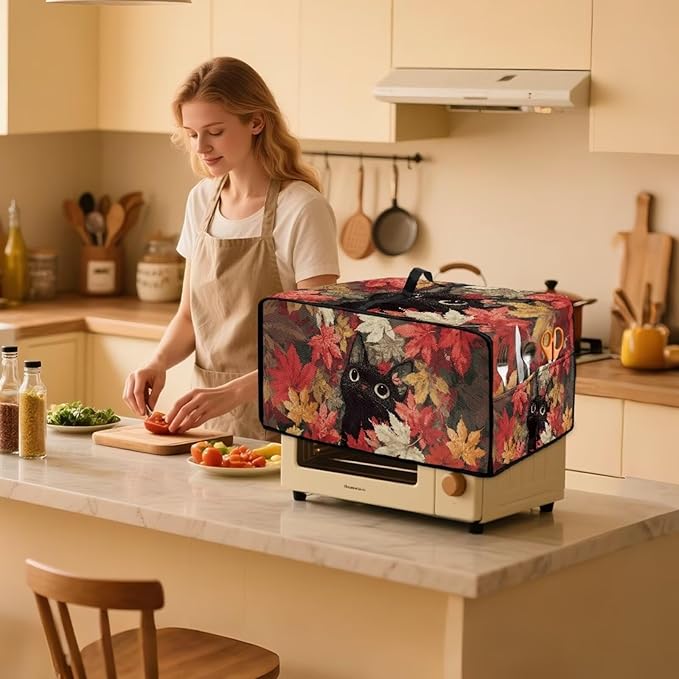 Air Fryer Toaster Oven Dust Cover Dust Protection Countertop Convection Oven Cover Stain-resistant Kitchen Appliance Protector, M, Black Cat Maple Leaf Fall Decor
