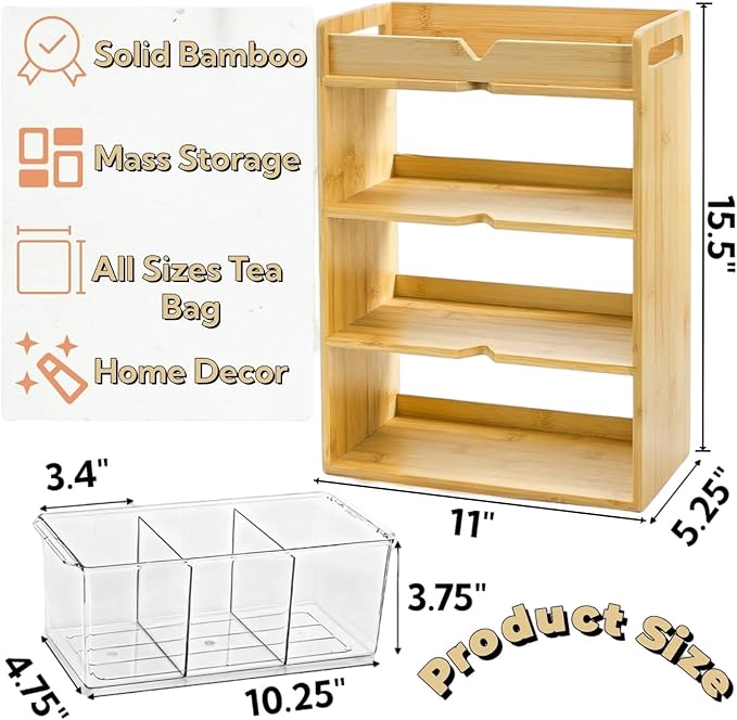 Tlence 4 Tier Bamboo Tea Bag Organizer, Vertical Wooden Tea Storage Box with Acrylic Drawer, Tea Storage Holder and Tea Station for Countertop Kitchen Office, 15.5" x 11" x 5.3"