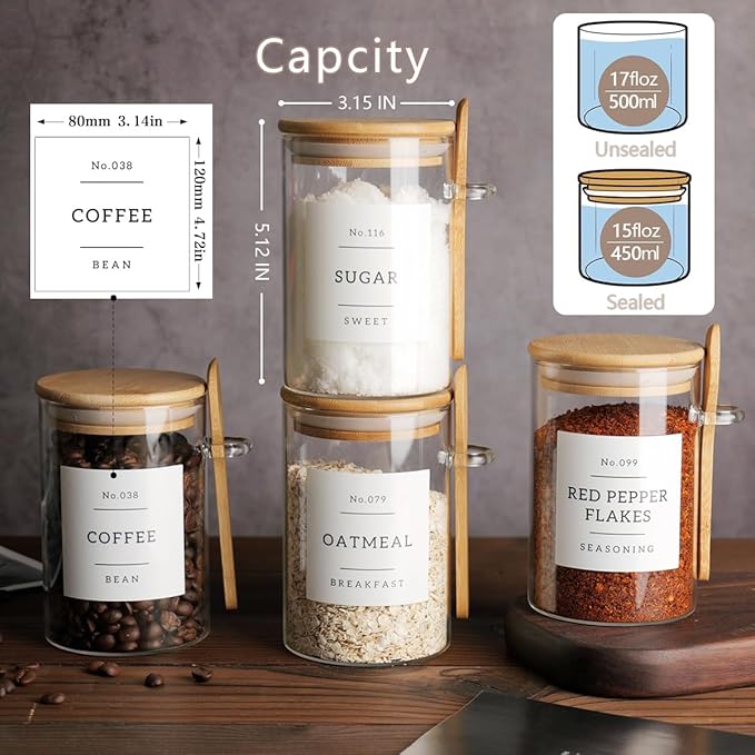 CZZGSM Glass Jar with Bamboo Lid and Spoon - 4 Pcs 17 oz Sugar Container with 132 Food Pantry Labels - Glass Containers with Wooden Lids Hold Coffee, Tea, Candy