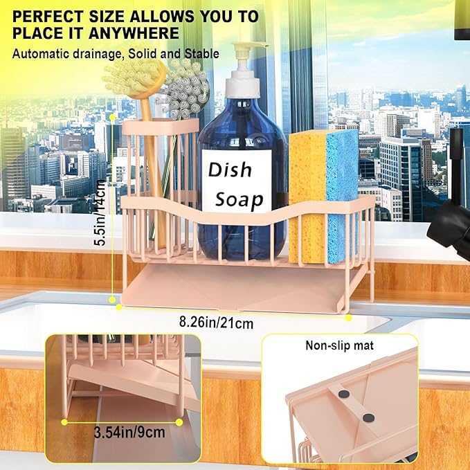 Maifan Sink Caddy Sponge Holder for Kitchen with Brush Holder and Stainless Steel Self Drain Tray, Rustproof Kitchen Sink Organizer for Sponge, Soap Dispenser Storage Accessories Pinky White