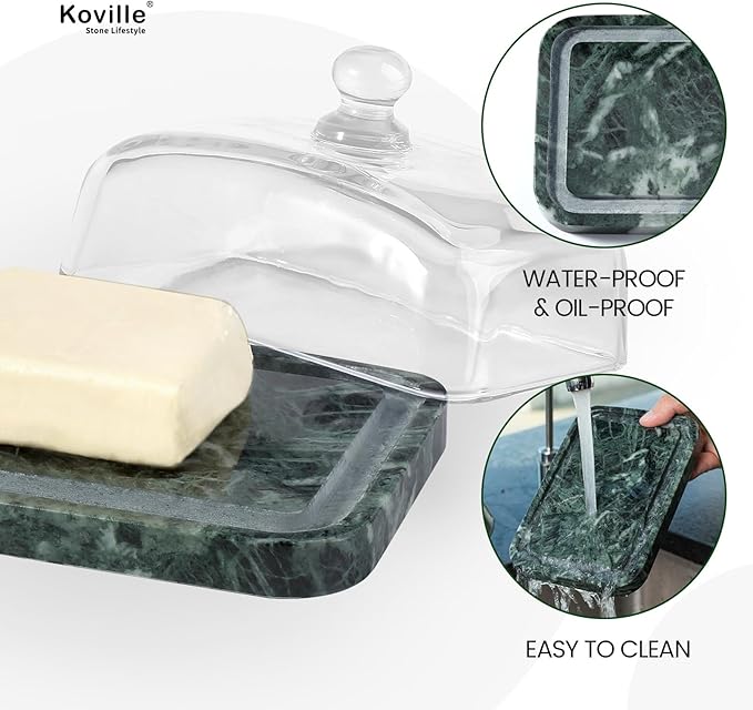 Koville Green Marble Butter Dish with Glass Lid for Countertop and Refrigerator Door Shelf, Green Marble Butter Keeper, Stone Butter Dish with Lid, Airtight Butter Keeper Container, Dishwasher Safe