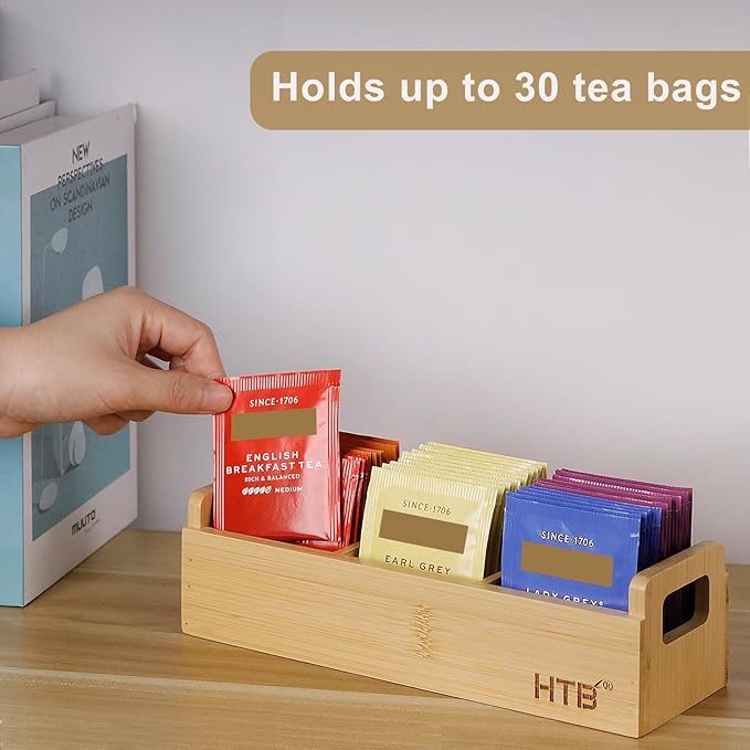 HTB Small Tea Bag Holder Pack of 2, Bamboo Tea Organizer 3 Compartments for Beverage Suppliers, Sweeteners, Individual Packets, Portable Tea Bag Organizer for Home Kitchen Counter or Office
