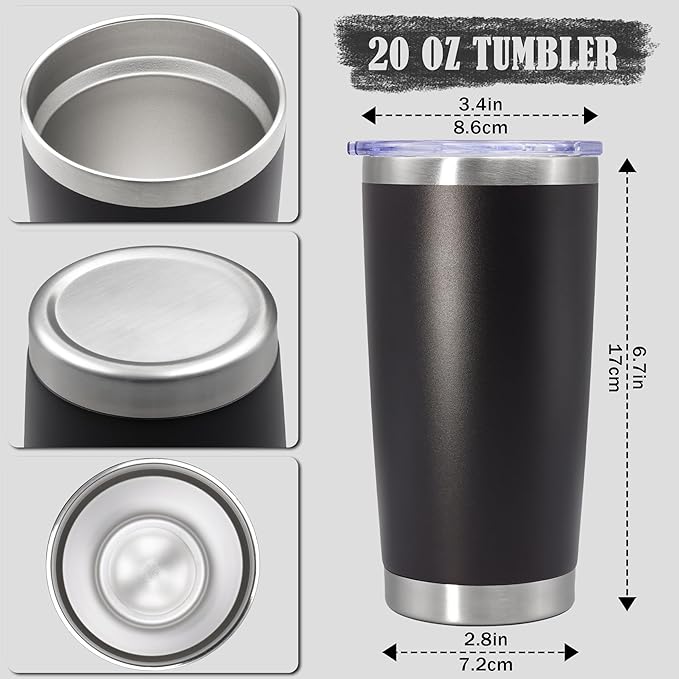 20 oz Tumbler Coffee Travel Tumblers Bulk with Lid Stainless Steel Double Wall Vacuum Insulated Mug Powder Coated Cups fit Car Cupholder for Hot and Cold - Black, 12Pack