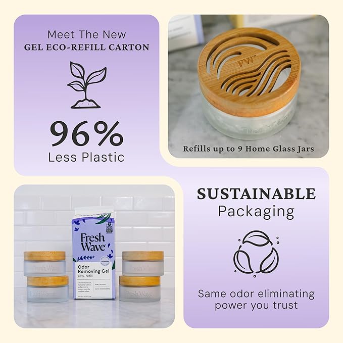 Fresh Wave Odor Removing Gel Eco-Refill, 63 oz. Lavender Scent | 4 Empty Refillable Glass Jars | 4 Room Set