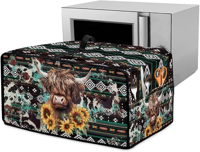Toaster Oven Dust Cover Washable Fabric Convection Oven Cover Protector Compatible with Various Small Kitchen Appliances, L, Aztec Highland Cow Sunflower