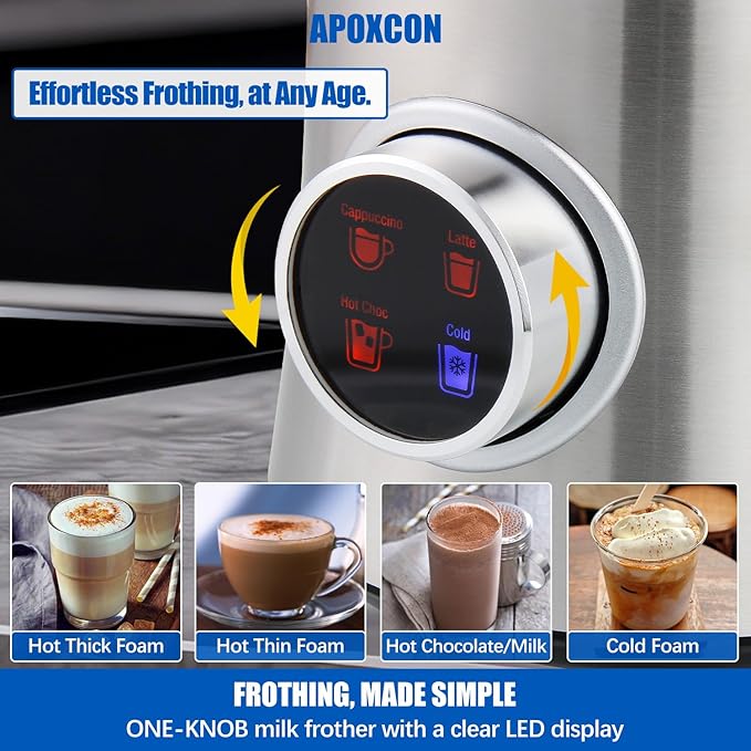 APOXCON Electric Milk Frother and Steamer, 4-in-1 Hot & Cold Foam Maker for Coffee 17oz Stainless Steel Frother Machine with LED Display Rotary Knob Milk Warmer Hot Chocolate Maker Dishwasher Safe