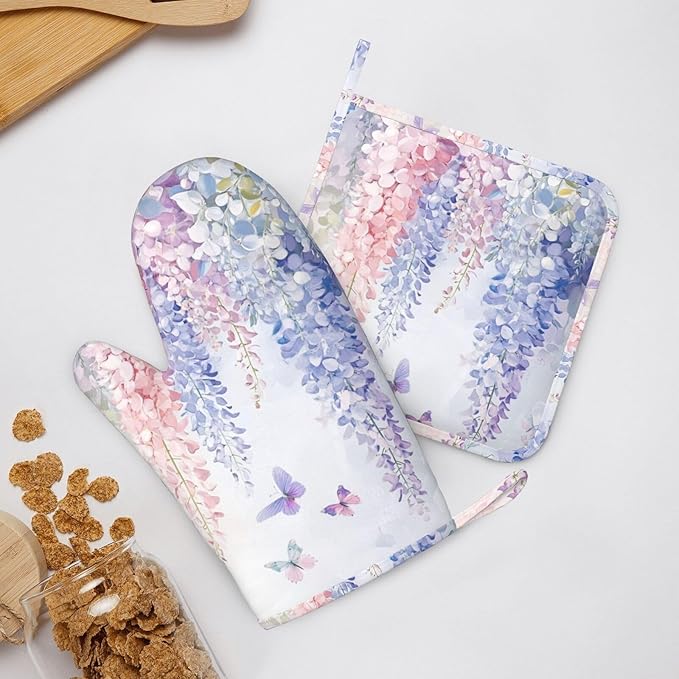 Oven Mitts and Pot Holders Botanical Flower Butterfly Silicone Kitchen Accessories Set of 4 Heat Resistant Long Gloves Potholder Non-Slip Grip for Chef Cooking Baking Grilling BBQ