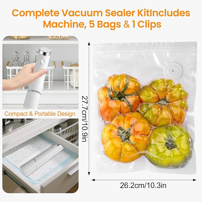 Compact Vacuum Sealer for Food (Portable Vacuum Sealer Machine+5 Reusable Bags) Compact Handheld Food Saver for Meat, Camping & RV Travel,Seal Food 6X Fresh Longer, Portable & Wireless, Easy-Clean