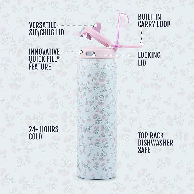 Ello Pop & Fill 22oz Stainless Steel Water Bottle with QuickFill Technology, Double Walled and Vacuum Insulated Metal, Leak Proof Locking Lid, Straw and Chug, Reusable, BPA Free, Serene Bloom