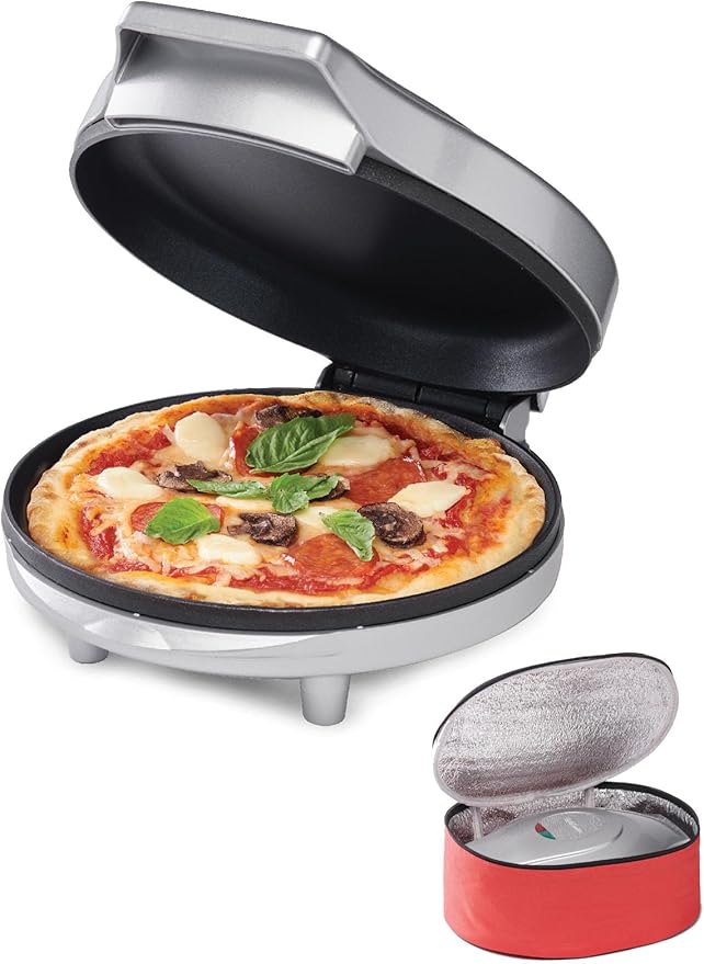 Betty Crocker 8" Travel Pizza Maker Plus, Indoor Electric Grill With Insulated Travel Bag, Nonstick Pan for Pizzas, Quesadillas, Nachos and more, Personal Pizza Machine for Delicious Meals, Silver