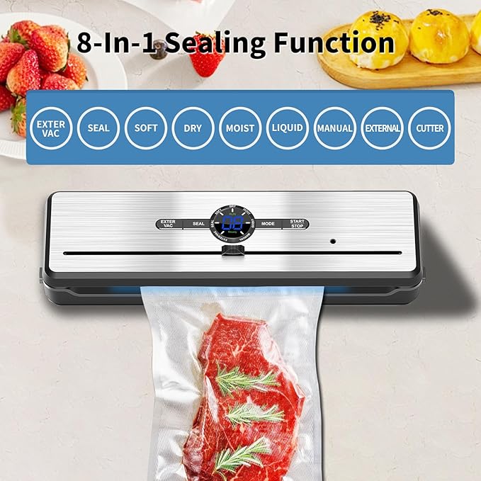 Vacuum Sealer, 70KPA Powerful Pro Food Saver Vacuum Sealer Machine, Full Automatic with Double Heat Seal, Liquid, Wet, Dry Modes with External Vacuum System, Built in Cutter & 15 Vacuum Bags