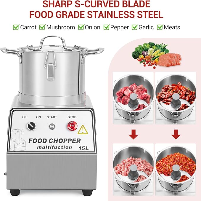 16 QT Commercial Electric Food Processor,1400W Stainless Steel Food&Vegetable Processors, Multi-Functional Chopper Meat Grinder Machine with Blade, Gloves, Brush, for Commercial Kitchens Restaurants