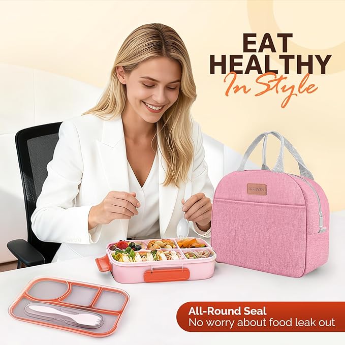 EASYFUN Bento Lunch Box Set Bento Box, 4-Compartment Lunch Containers,High Capacity Lunch Tote Bags for Work, Travel, Outdoor (Pink)