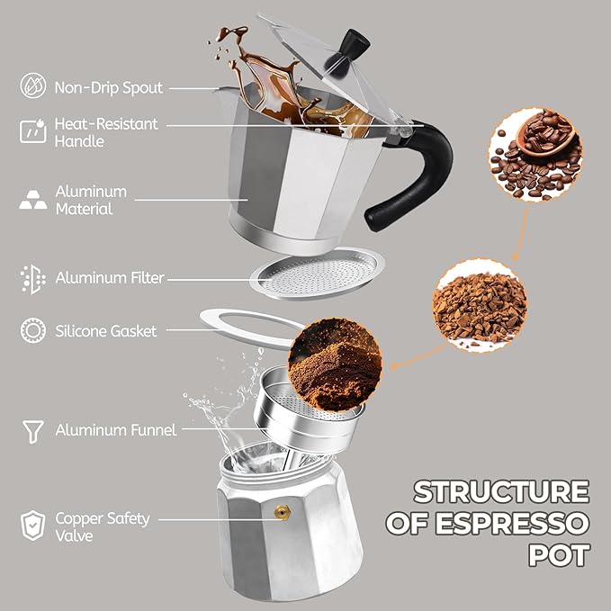 Aluminum 6 Cup 300ml Moka Pot Express Coffee Maker Stovetop Espresso Percolator Coffeemaker Italian Classic Style Brewing Greca Cafe Mocha Machine for Cafeteras Lover Camping Travel and Home Use 10oz